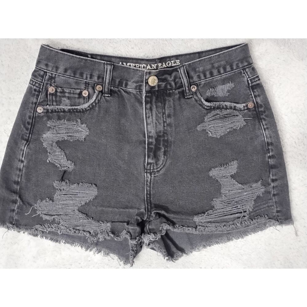 American Eagle Black Denim Jean Shorts Women's 4 Mom Short Distressed Pockets